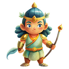 A young warrior, adorned in turquoise and gold, stands proudly, holding a staff. His kind eyes and confident pose exude courage and a gentle spirit. He is a symbol of strength and peace.