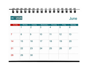 June 2026 calendar. Page of the annual business desk month calendar isolated on white.