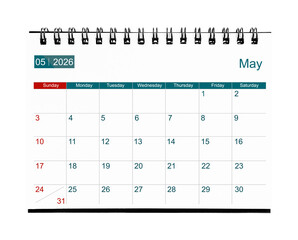 May 2026 calendar. Page of the annual business desk month calendar isolated on white.