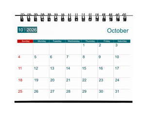October 2026 calendar. Page of the annual business desk month calendar isolated on white.