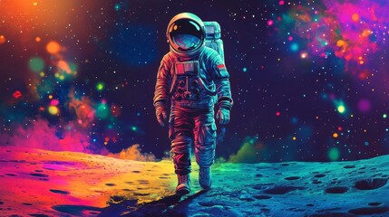 Obraz premium Astronaut walking on a vibrant, colorful alien planet surface under a starry night sky. (1)