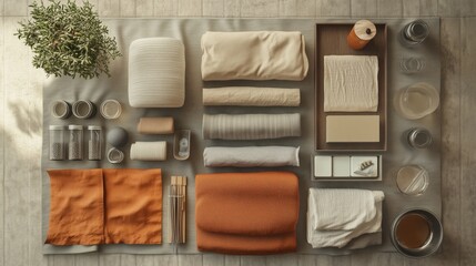 Minimalist home essentials arranged in warm earthy tones for sustainable and simple living inspiration.