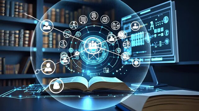 Open book with futuristic holographic network interface in digital library setting with glowing icons and high-tech data connections

