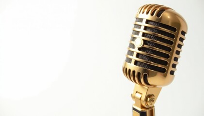 Fototapeta premium Close-up shot of a gold microphone isolated on white background, reflection, microphone, object photography