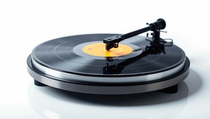 Close-up shot of a single turntable on white background, technology, dj, culture
