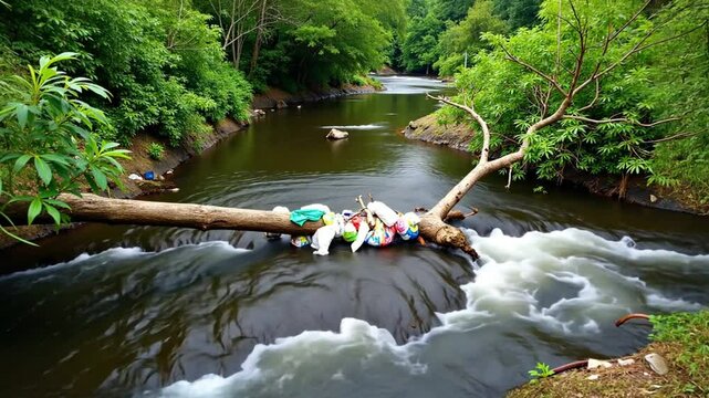 Garbage and Plastic Waste Trapped on Fallen Tree Across River in Forest Showing Environmental Pollution and Water Contamination Problem