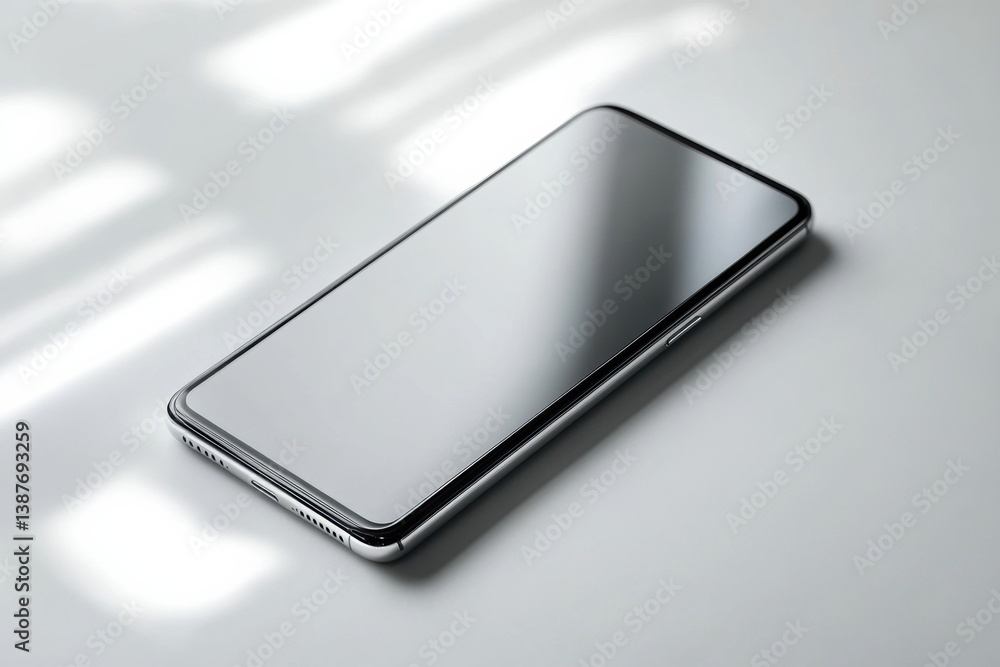 Poster Sleek modern smartphone showcased on a clean white surface under soft diffused lighting for a minimalistic aesthetic