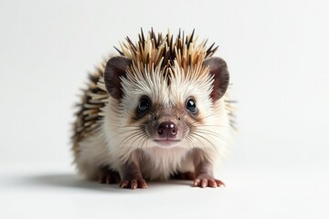 Naklejka premium Close-up view of a single hedgehog against a stark white backdrop , studio shot, white background