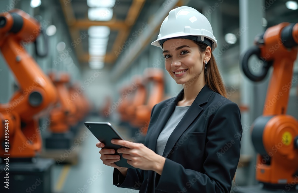 Poster smiling female engineer in hard hat and blazer uses tablet in modern industrial factory setting. por