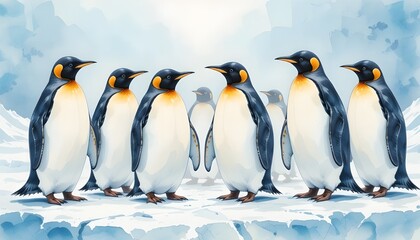 Fototapeta premium A group of penguins standing on ice, with a snowy background. Watercolor painting 