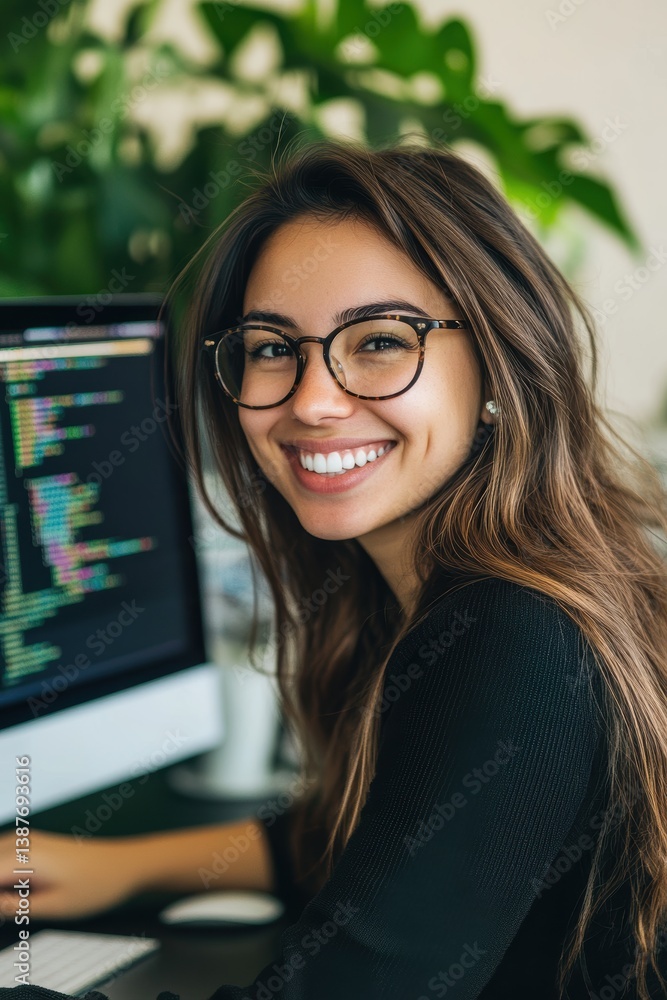 Poster young woman smiling while working on computer at home, coding software, enjoying remote work, techno
