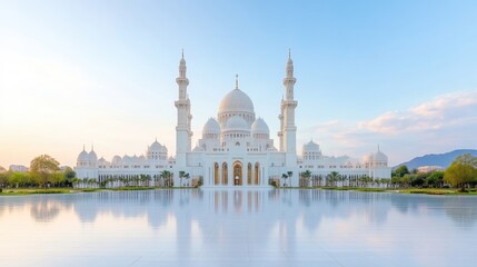 Grand Mosque Water Reflection Serene Architectural Style High-Definition Vibrant Lighting Wide Angle View Symmetrical Design Peaceful Serenity Calm Desert Oasis Soft White Tones Tourism and Travel