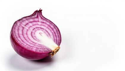 Cut red onion, revealing rings, stark white backdrop , red, visual
