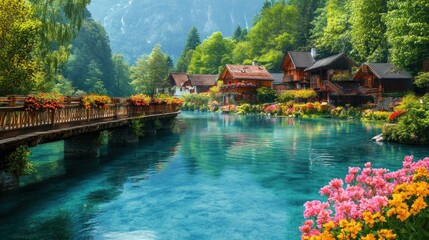 Naklejka premium A beautiful village by a crystal-clear river, with wooden bridges and colorful flowers --ar 16:9 --v 6.1 Job ID: 2d399030-3fbd-4eca-a4a5-495af2fb6827