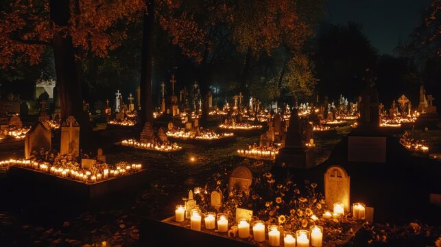 Eerie illumination: Cemetery alight with votive candles during remembrance tradition