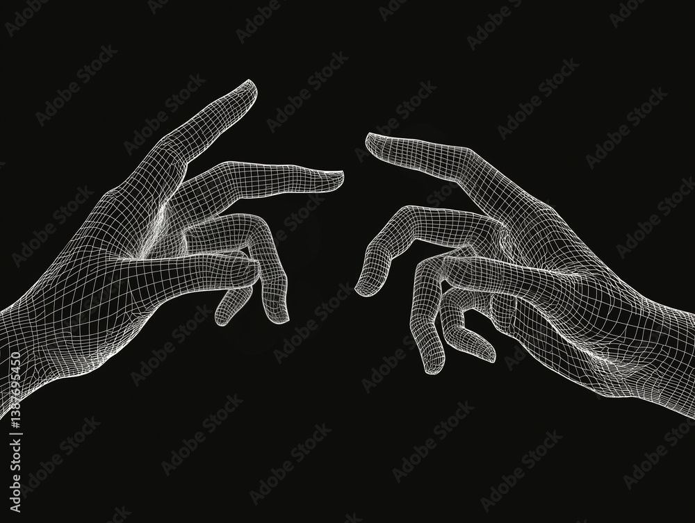 Poster digital representation of two hands reaching towards each other, depicted in wireframe style against