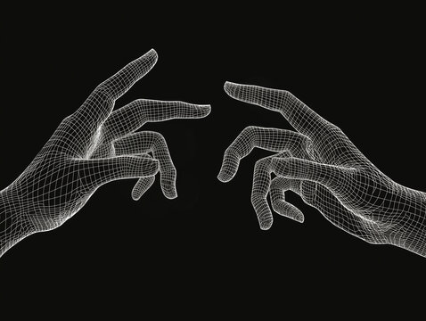 digital representation of two hands reaching towards each other, depicted in wireframe style against black background, symbolizing connection and interaction