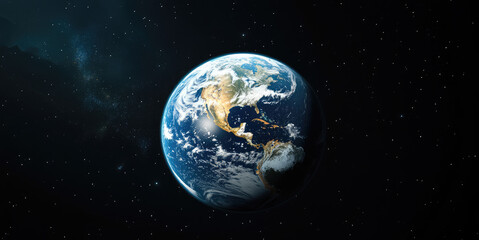 Obraz premium Panoramic view of planet Earth from space, showcasing stars, glowing city lights, and light clouds, with a vast cosmic backdrop