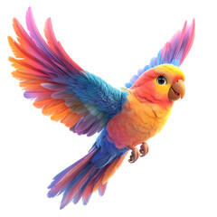 A Fluffy 3D Cartoon Parrot with Rainbow Colored Feathers Isolated on Transparent Background