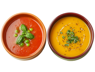 3d Two bowls of vibrant soup icon, side by side, featuring red soup with basil and peas, and yellow soup with herbs, black pepper, and cream swirl. PNG file isolate on transparent background, cut out