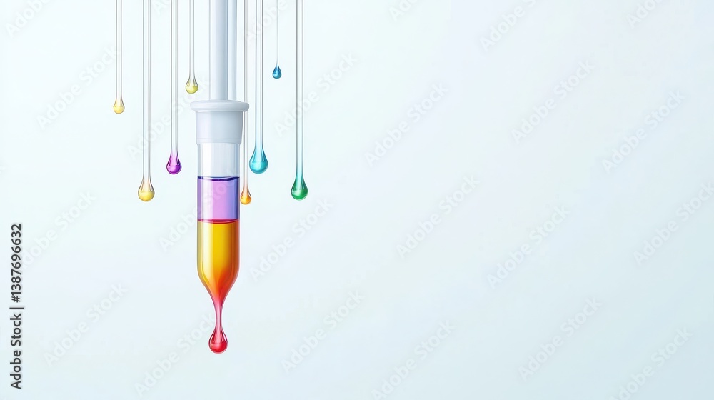 Poster multicolored droplets suspended from a dropper in a clean, minimal lab setting, symbolizing chemistr