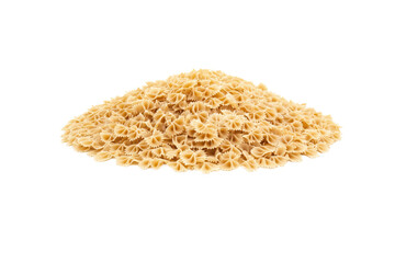 A large mound of uncooked farfalle pasta, arranged neatly to highlight their symmetrical design and golden color.