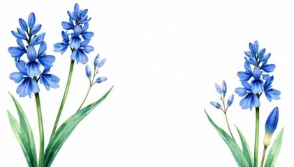 Delicate watercolor bluebell pattern on white background, stylish, delicate, nature