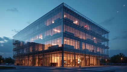 Modern glass office building futuristic design, connectivity. Architecture, construction, innovation central themes. Digital overlay, cloud, cyberspace. Building growth, sustainable, smart tech
