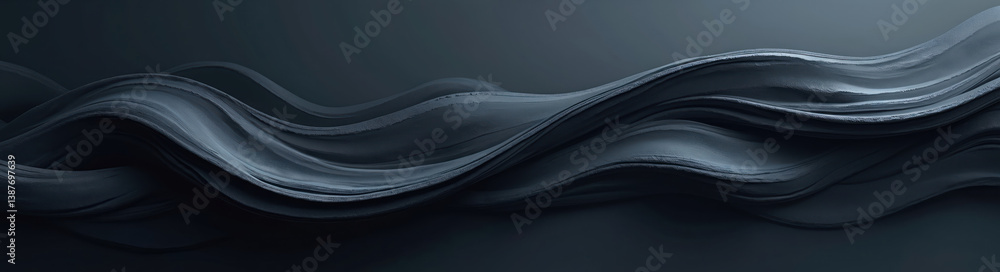 Poster abstract illustration features flowing banner design with dark slate gray, dark blue colors. dynamic