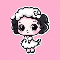 An adorable sheep character wearing a white dress and a cute bow