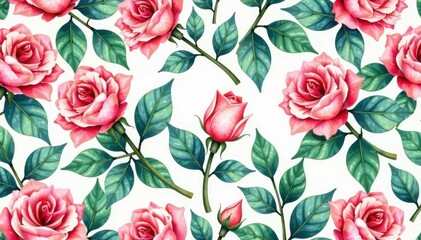 Delicate watercolor rosebuds and leaves, repeating seamlessly , texture, soft