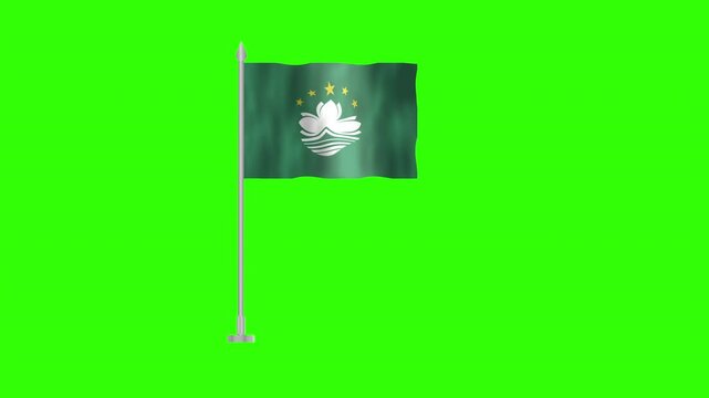 Flag of Macao, Pole flag of Macao on Green screen chroma key, Macao 3D Animation flag waving in the wind isolated on Green Background. 
