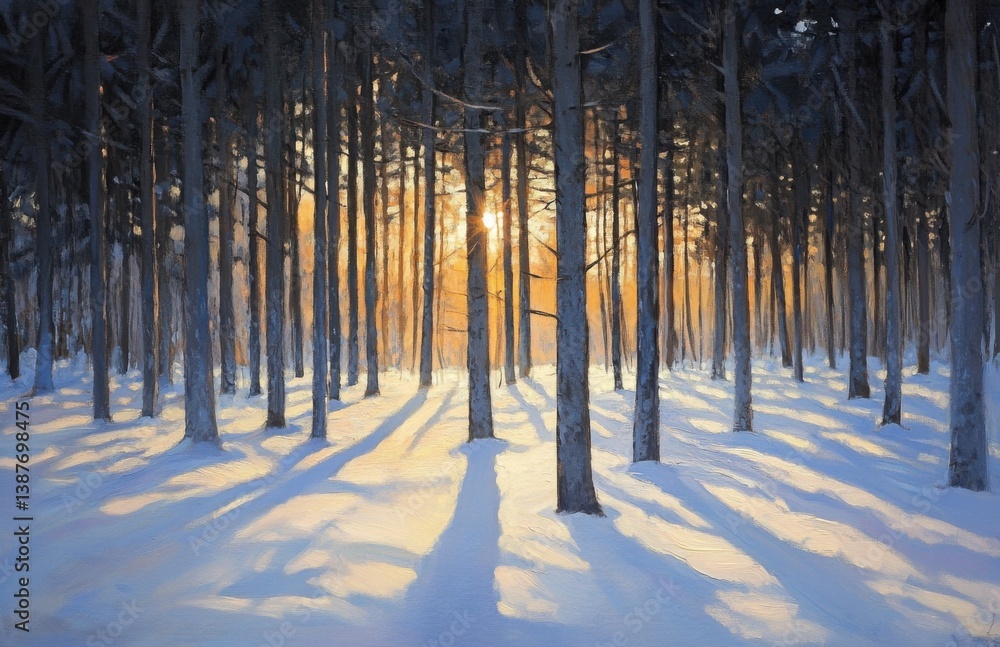 Poster a painting of a sunset behind tall pine trees in deep snow, casting long shadows across the forest f