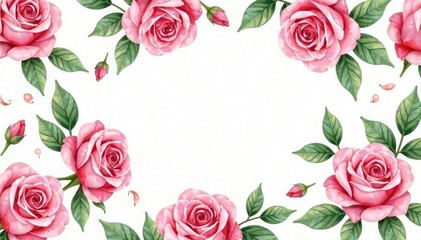 Naklejka premium Delicate watercolor roses, leaves, and buds form a repeating floral pattern , flower pattern, pink