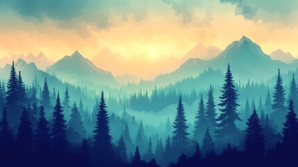 Obraz premium Forest landscape with mountains at sunset provides calm and peaceful scenery