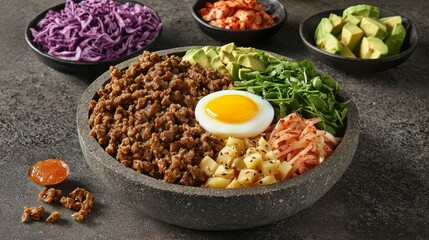 Vibrant Korean Bibimbap with Fresh Ingredients and Egg in Stone Bowl