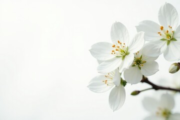 Delicate white flower blossoms against pure white background, plant, summer, simple