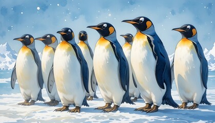 Fototapeta premium A group of penguins standing on ice, with a snowy background. Watercolor painting 