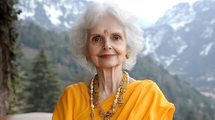 Senior woman in yellow sari, mountains backdrop