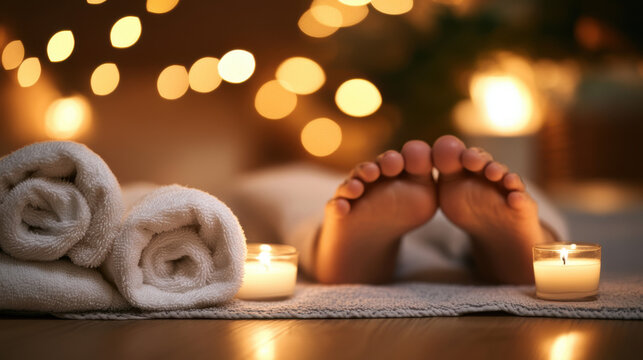 Relaxing spa day concept with towels candles and bokeh lights for wellness and self care photography
