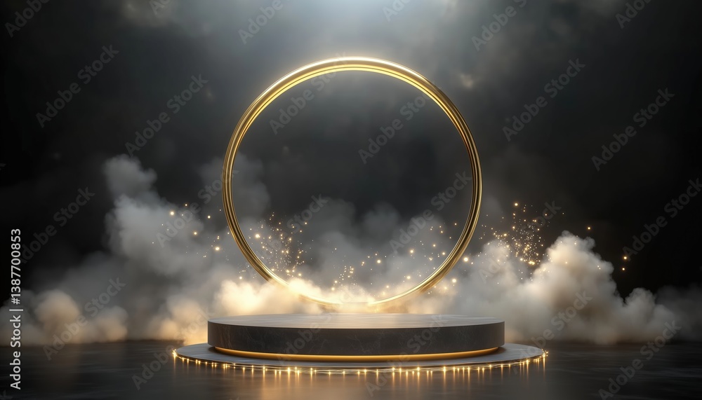 Poster luxurious product display stand with shimmering golden circle ring and clouds elements, realistic de