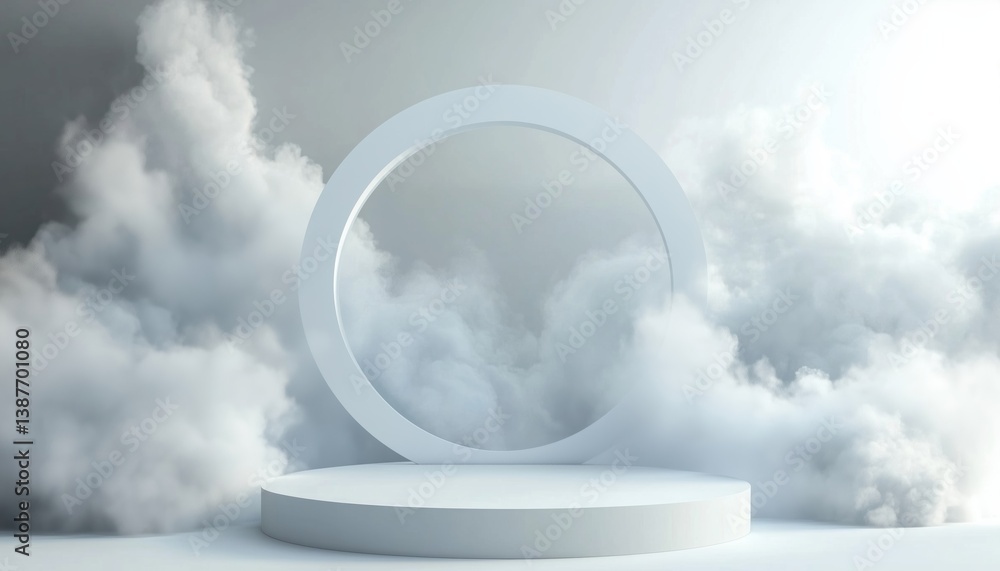 Poster luxurious white display podium featuring circle and cloud design, offering empty space for promoting