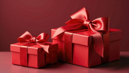 Obraz premium Elegant red ribbon tied gift boxes, gold accents, texture, christmas, detail