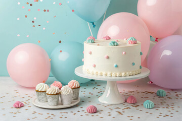 A one-tier birthday cake in a minimalist color theme, surrounded by matching balloons and soft table confetti.