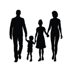 Family Stroll Silhouette: A serene family of four walks hand-in-hand, their silhouettes creating a simple yet evocative representation of unity and togetherness.
