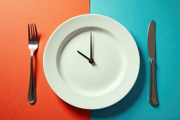 Empty plate with clock, signifying time-restricted eating , metabolism, restriction, intermittent fasting