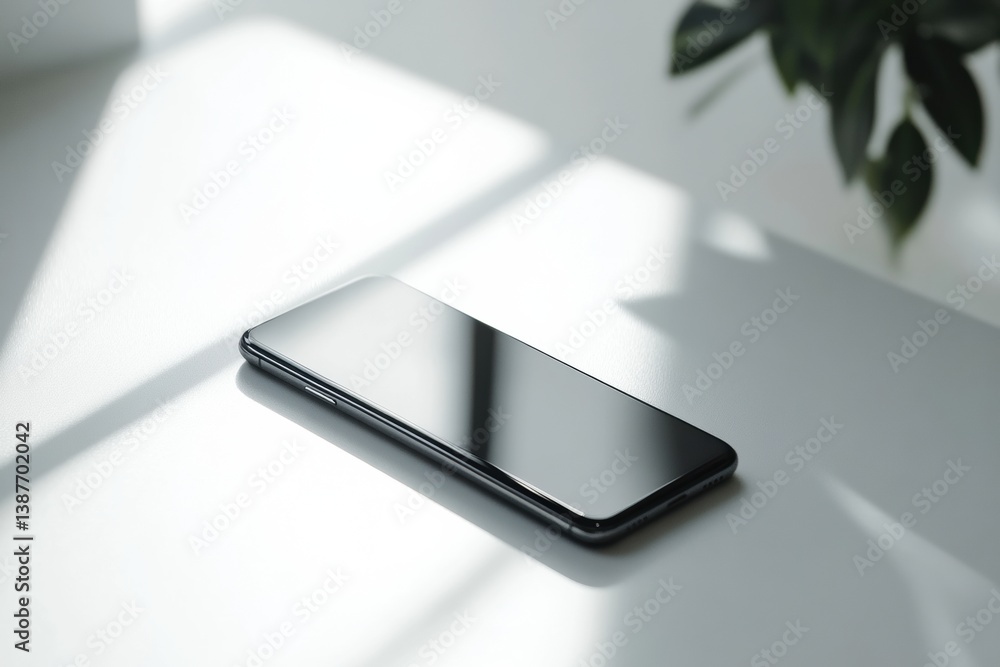 Poster Modern smartphone showcasing minimalist design on a clean white surface with soft diffused lighting highlighting its features