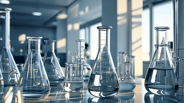 Clean laboratory interior with transparent glass beakers and flasks filled with clear liquid arranged neatly on reflective countertop

