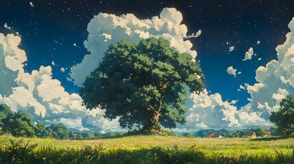 Fototapeta premium A large oak tree sits beneath a beautiful starry sky