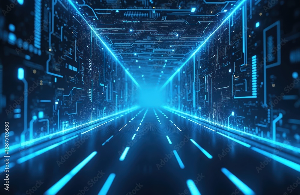 Aufkleber futuristic blue tech corridor with glowing lights, digital circuit designs. concept cyberspace, high